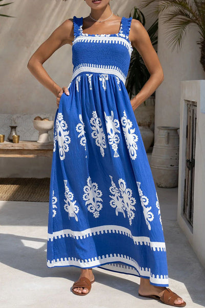 Fernanda® | Sexy Holiday Dress Geometric Print Pocket Thready Selvedge Square Neck Long Dresses (3 Colors)