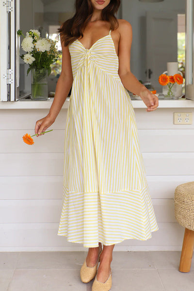 Estela® | Sexy Holiday Stripe Pocket Lace Up Contrast V Neck Sling Dresses (4 Colors)