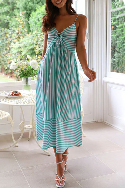 Estela® | Sexy Holiday Stripe Pocket Lace Up Contrast V Neck Sling Dresses (4 Colors)