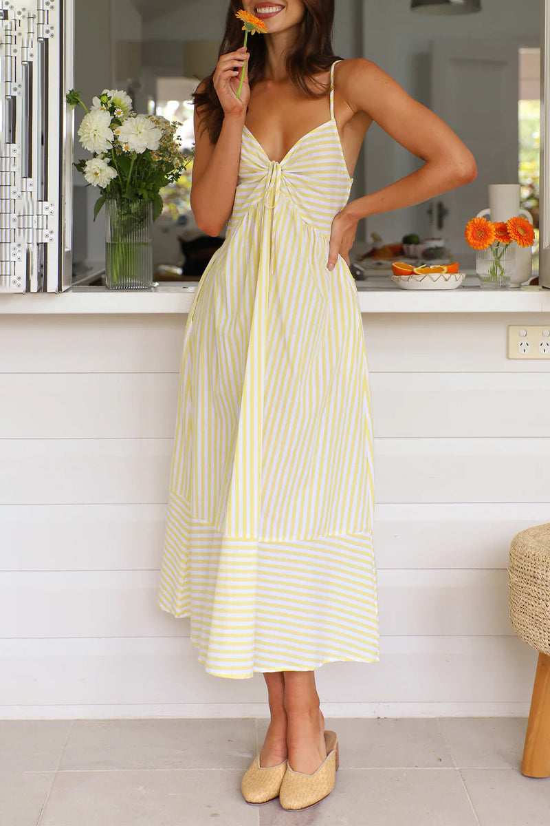 Estela® | Sexy Holiday Stripe Pocket Lace Up Contrast V Neck Sling Dresses (4 Colors)