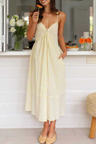 Estela® | Sexy Holiday Stripe Pocket Lace Up Contrast V Neck Sling Dresses (4 Colors)