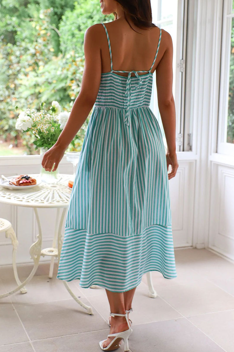 Estela® | Sexy Holiday Stripe Pocket Lace Up Contrast V Neck Sling Dresses (4 Colors)