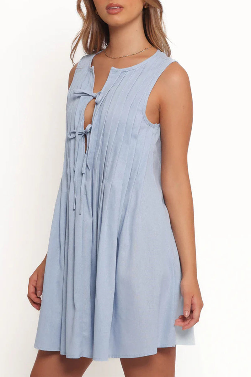 Dolores® | Casual Daily Pleated O-Neck Lace Up Pleated Dresses (4 Colors)