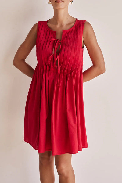 Dolores® | Casual Daily Pleated O-Neck Lace Up Pleated Dresses (4 Colors)