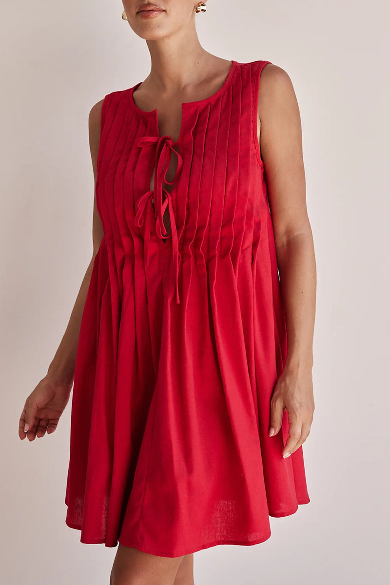Dolores® | Casual Daily Pleated O-Neck Lace Up Pleated Dresses (4 Colors)