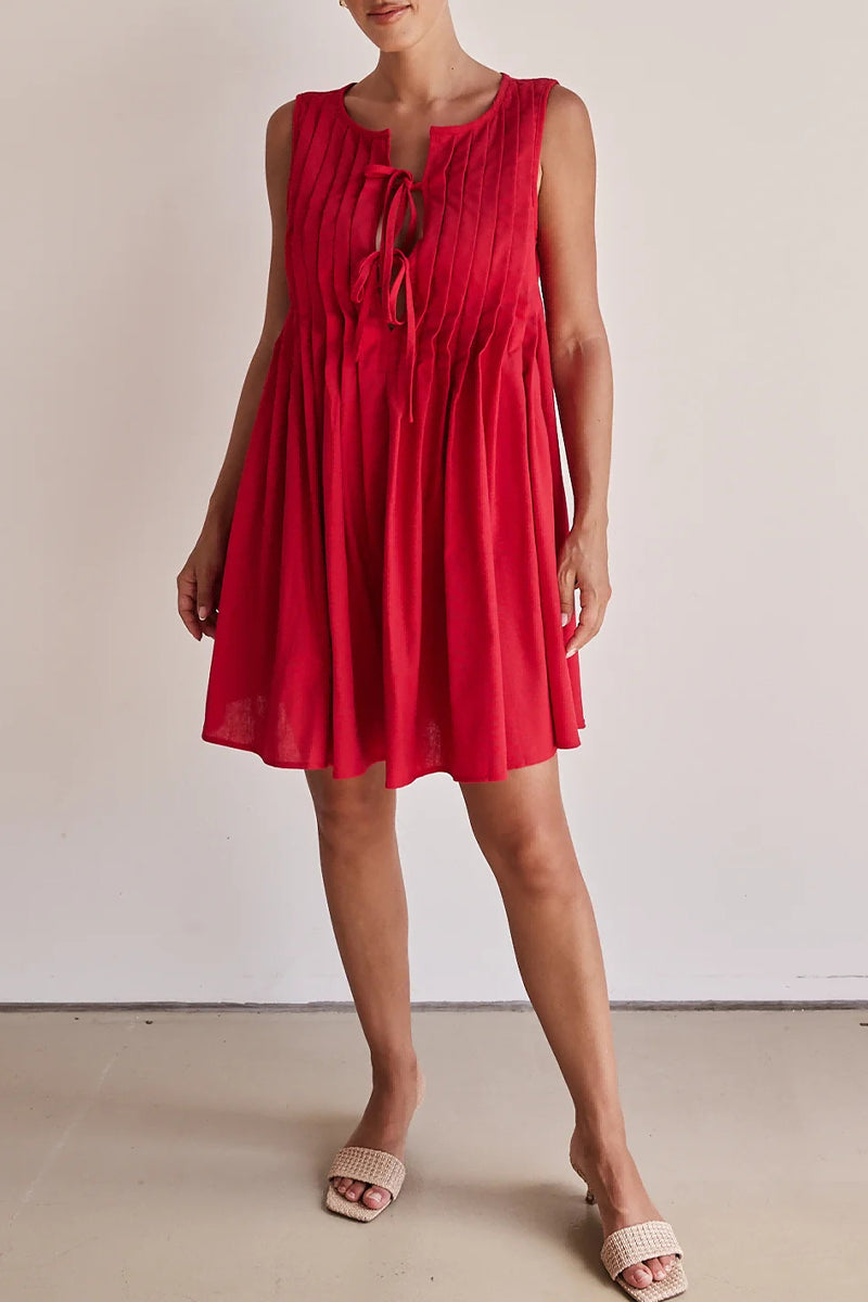 Dolores® | Casual Daily Pleated O-Neck Lace Up Pleated Dresses (4 Colors)