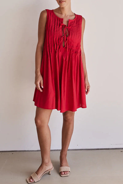 Dolores® | Casual Daily Pleated O-Neck Lace Up Pleated Dresses (4 Colors)
