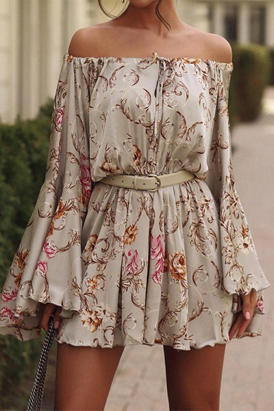 Aranza® | Sexy Floral Print Off Shoulder Printed Lace Up Vacation Dresses (Without Waist Belt)