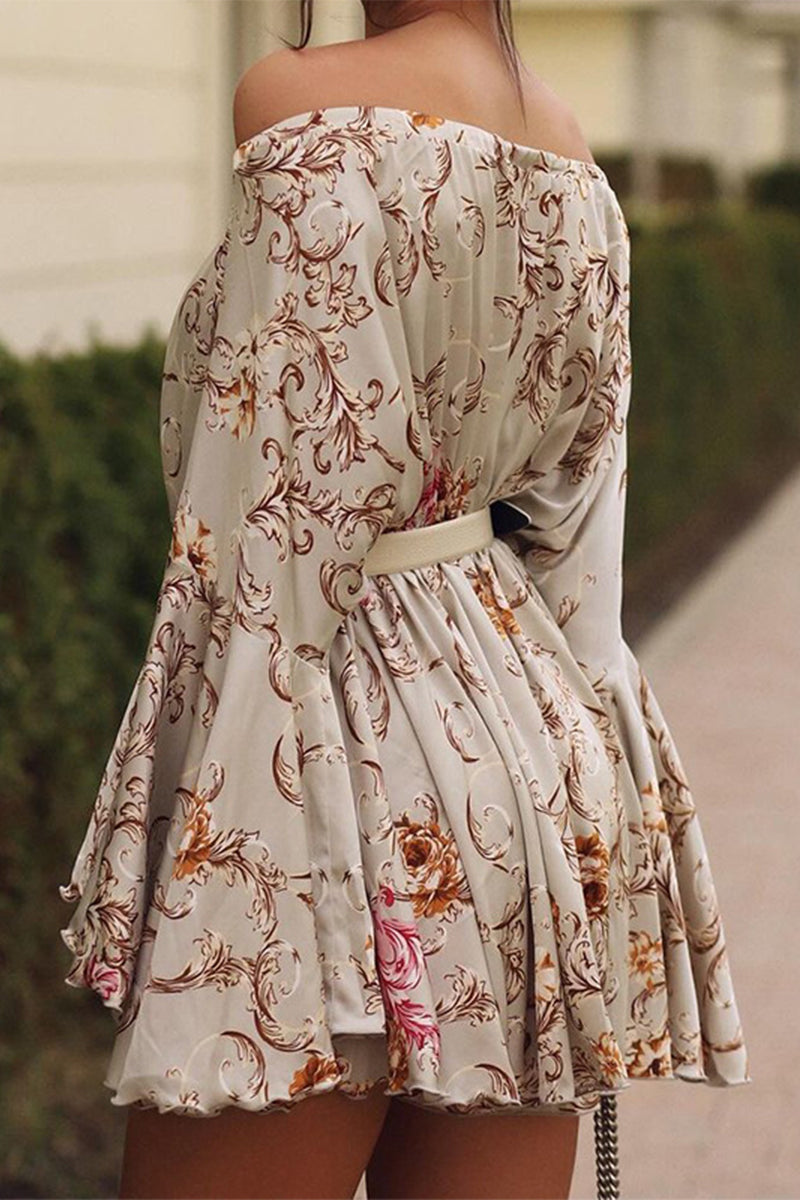 Aranza® | Sexy Floral Print Off Shoulder Printed Lace Up Vacation Dresses (Without Waist Belt)