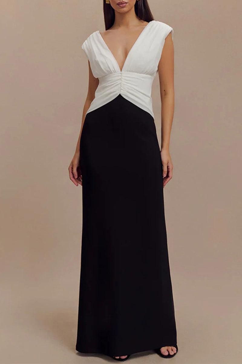 Caridad® | Sexy backless ruffle contrast V-neck long dresses