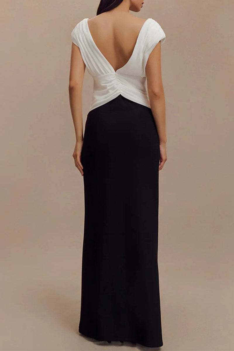 Caridad® | Sexy backless ruffle contrast V-neck long dresses