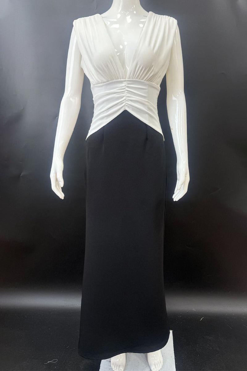 Caridad® | Sexy backless ruffle contrast V-neck long dresses