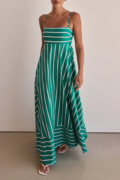 Beatriz® | Casual striped backless contrast square neck sling dresses for vacation