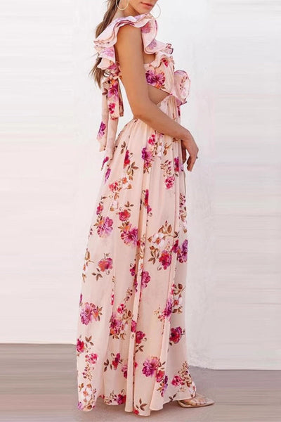 Angela® | Sexy holiday floral print, lace-up chains, ruffles, V-neck, long dresses