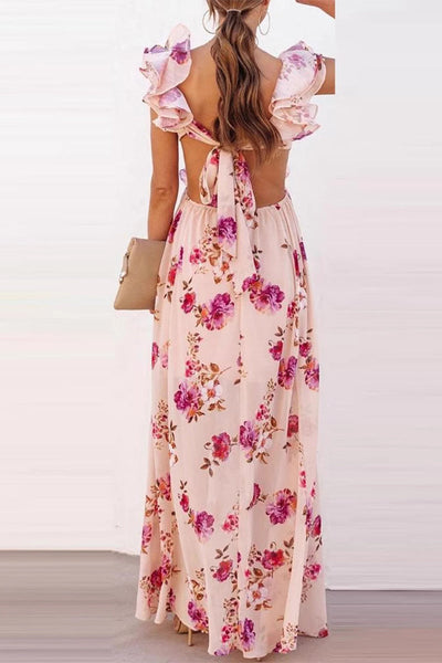 Angela® | Sexy holiday floral print, lace-up chains, ruffles, V-neck, long dresses