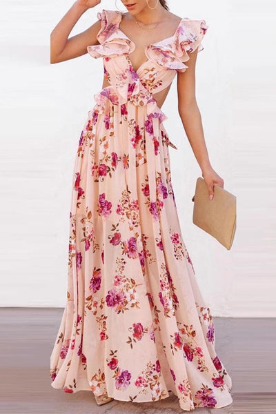 Angela® | Sexy holiday floral print, lace-up chains, ruffles, V-neck, long dresses