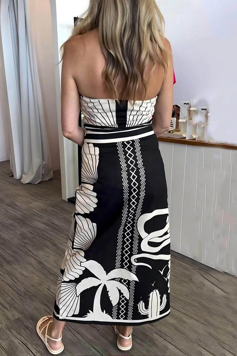 Romina® | Sexy strapless printed dresses with geometric pattern and irregular contrast
