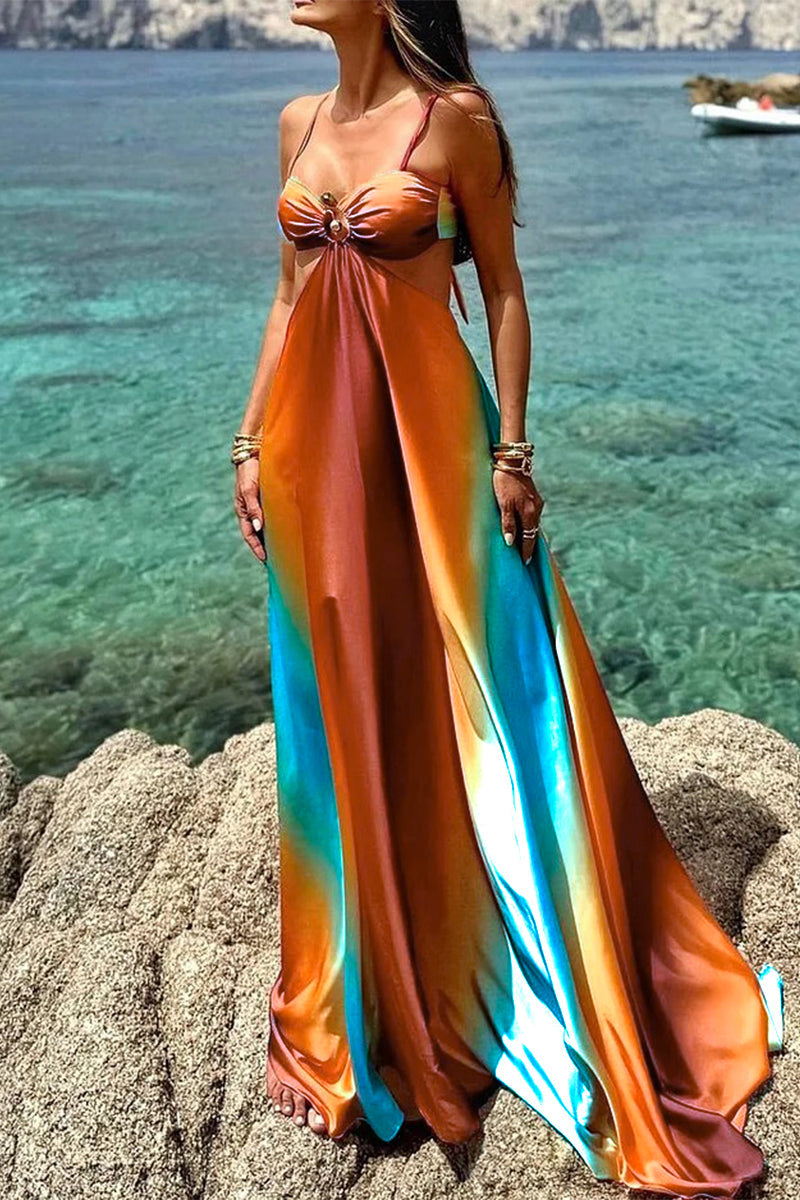 Olga® | Sexy long dresses with gradient print, lace-up and contrasting V-neck