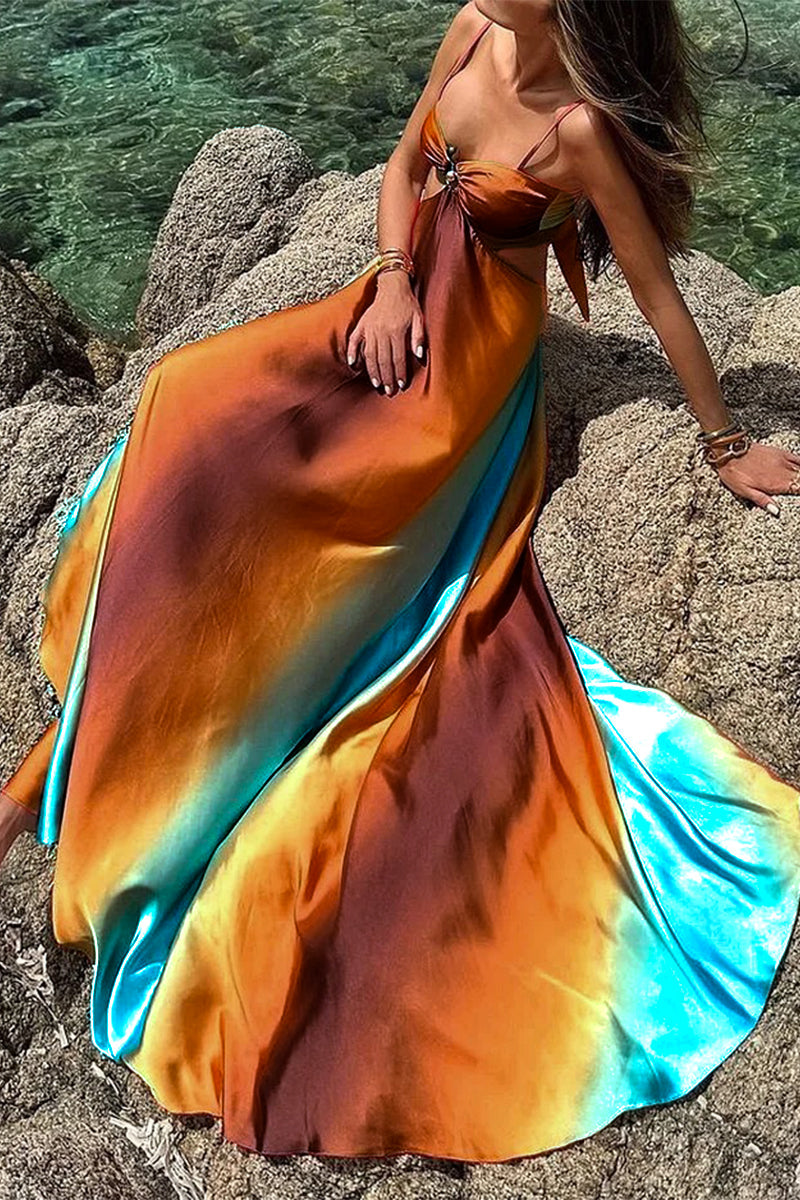 Olga® | Sexy long dresses with gradient print, lace-up and contrasting V-neck
