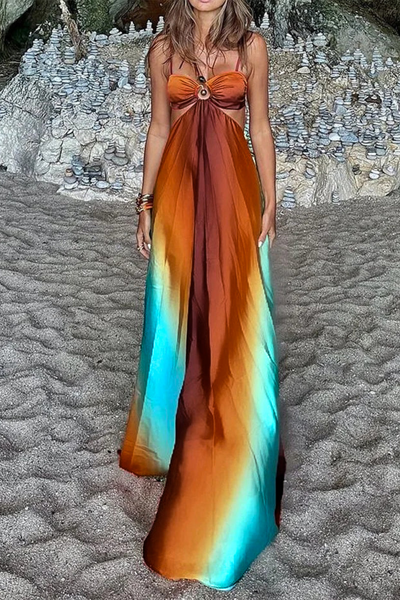 Olga® | Sexy long dresses with gradient print, lace-up and contrasting V-neck