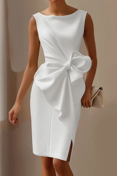 Monica® | Elegant sleeveless dresses with slit and bow decoration and O-neck