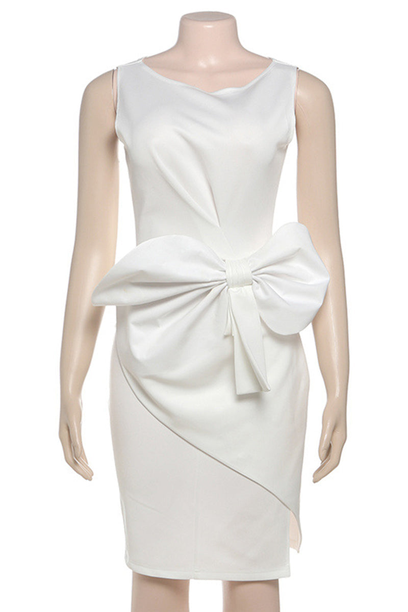 Monica® | Elegant sleeveless dresses with slit and bow decoration and O-neck