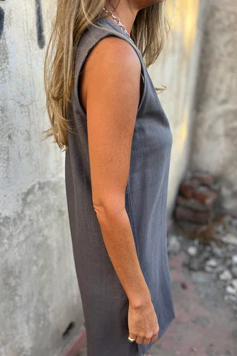 Nélida® | Casual Sleeveless Pocket Button V-Neck Dresses (4 Colors)