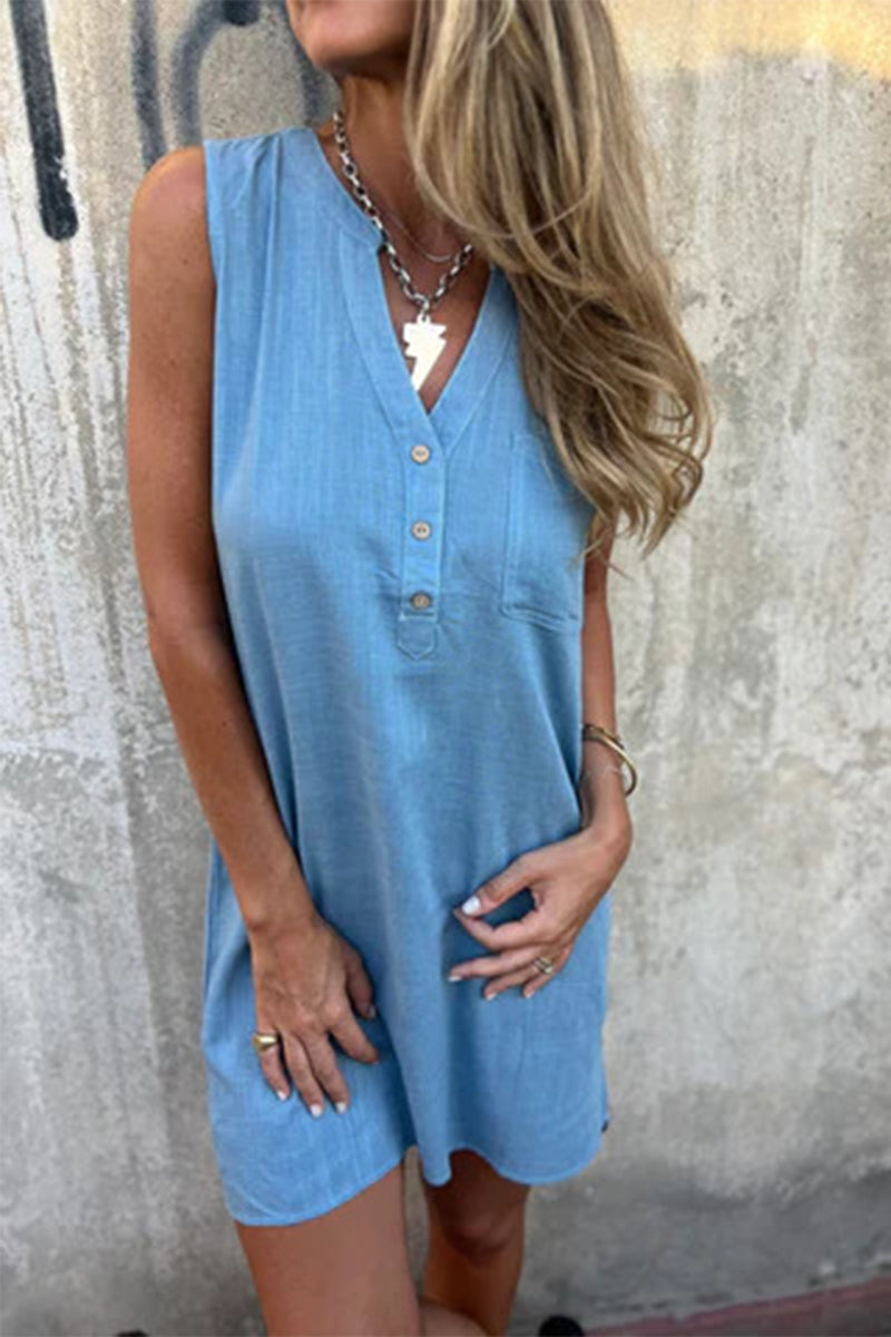 Nélida® | Casual Sleeveless Pocket Button V-Neck Dresses (4 Colors)