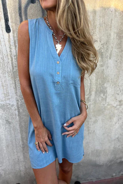 Nélida® | Casual Sleeveless Pocket Button V-Neck Dresses (4 Colors)
