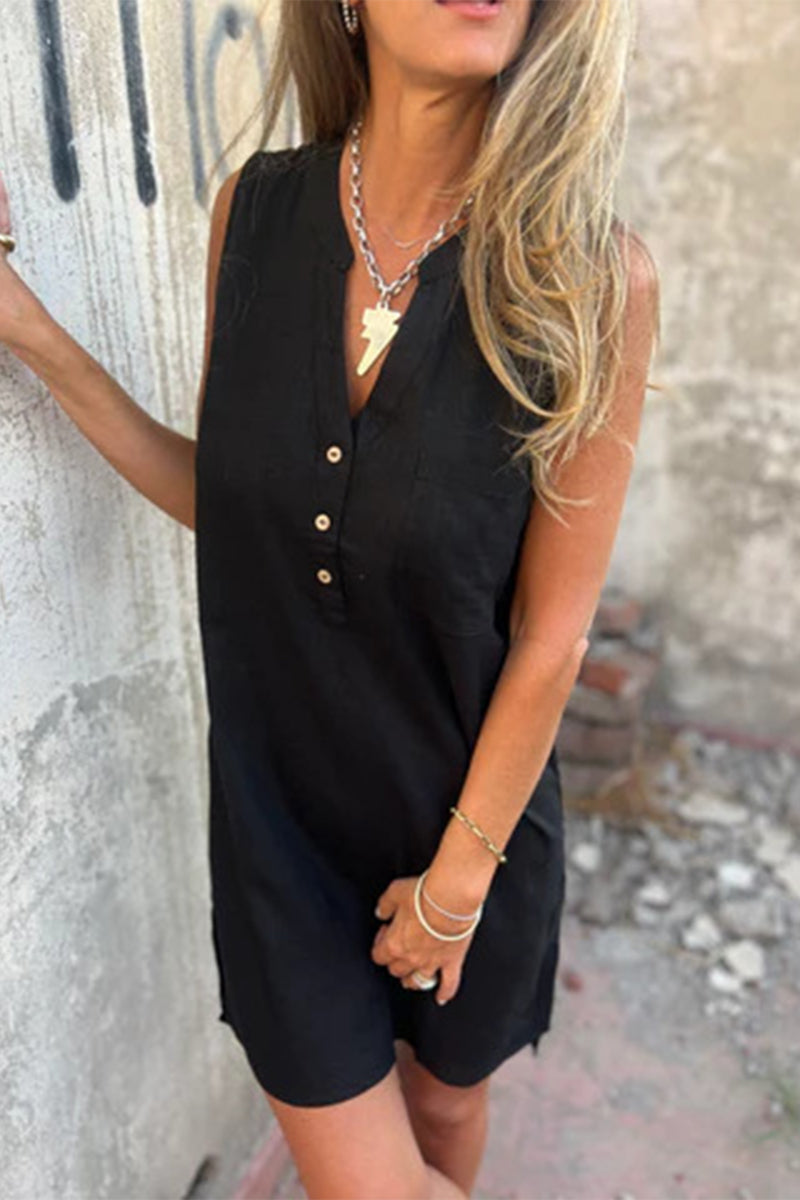 Nélida® | Casual Sleeveless Pocket Button V-Neck Dresses (4 Colors)