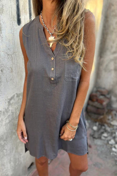 Nélida® | Casual Sleeveless Pocket Button V-Neck Dresses (4 Colors)