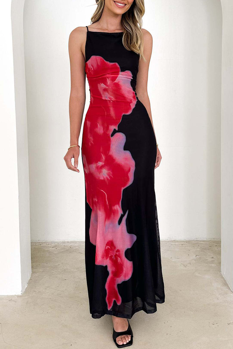 Matilde® | Sexy floral backless contrast long square neck dresses