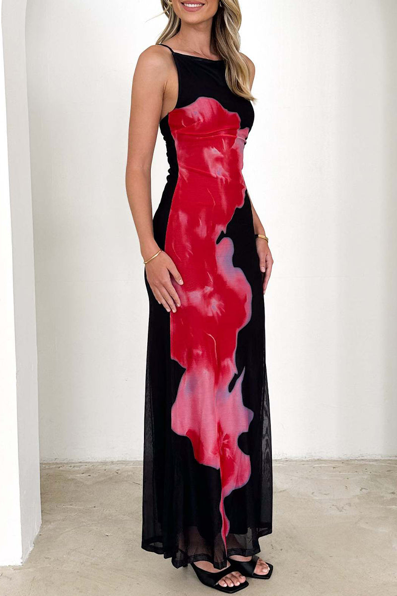 Matilde® | Sexy floral backless contrast long square neck dresses