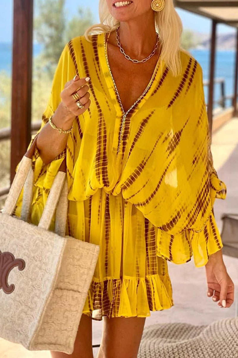 Maria Fernanda® | Casual A-line holiday dresses with geometric print, ruffles and V-neck