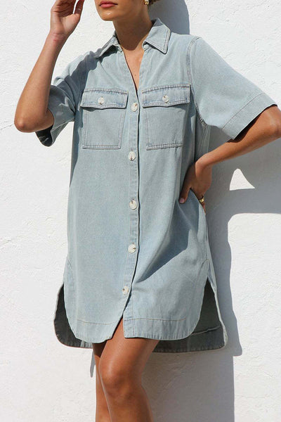 Manuela® | Casual denim dresses with distressed buttons, turn-down collar, short sleeves and loose jeans
