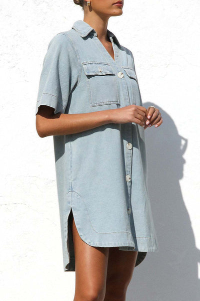Manuela® | Casual denim dresses with distressed buttons, turn-down collar, short sleeves and loose jeans