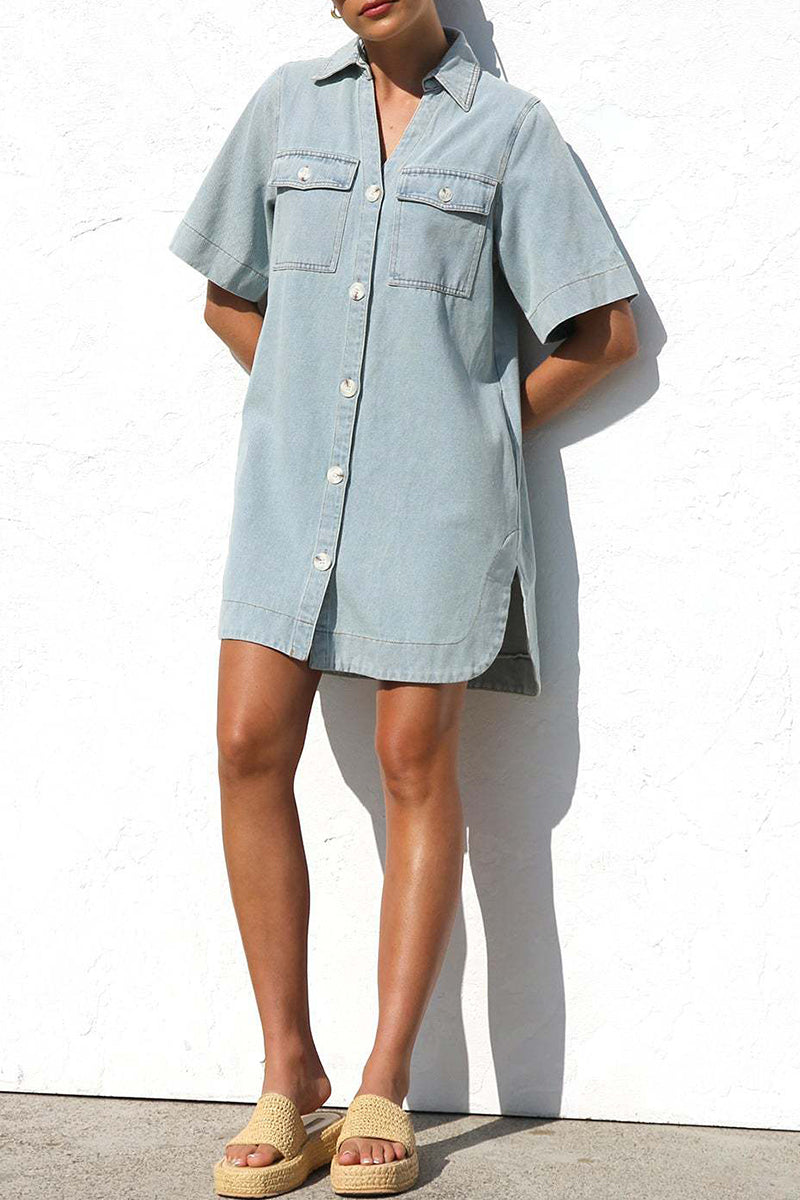 Manuela® | Casual denim dresses with distressed buttons, turn-down collar, short sleeves and loose jeans