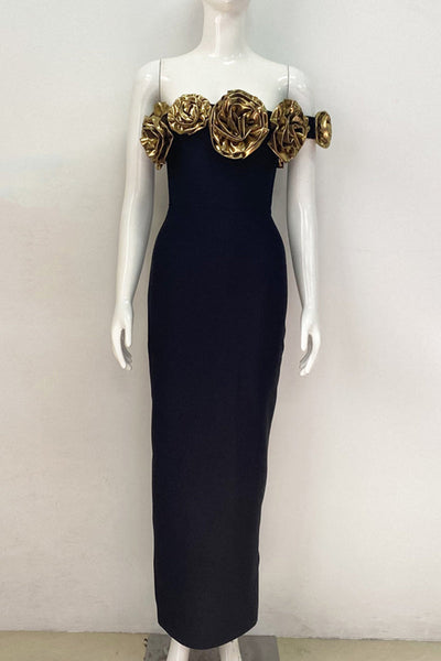 Evelyn® | Elegant long dresses with a slit and a slanted collar in the shape of a flower