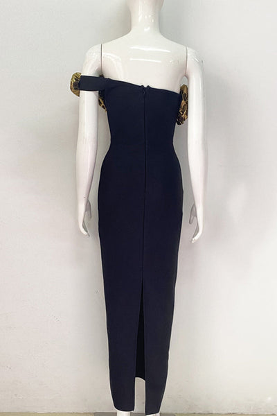Evelyn® | Elegant long dresses with a slit and a slanted collar in the shape of a flower