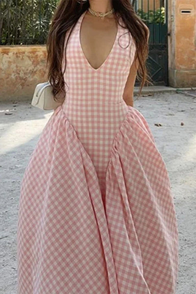 Francisca® | Sexy checked backless sleeveless dresses with halterneck and lacing