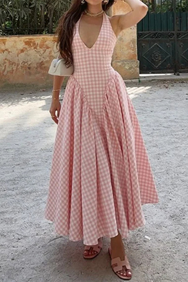 Francisca® | Sexy checked backless sleeveless dresses with halterneck and lacing