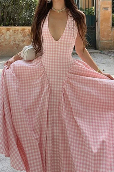 Francisca® | Sexy checked backless sleeveless dresses with halterneck and lacing