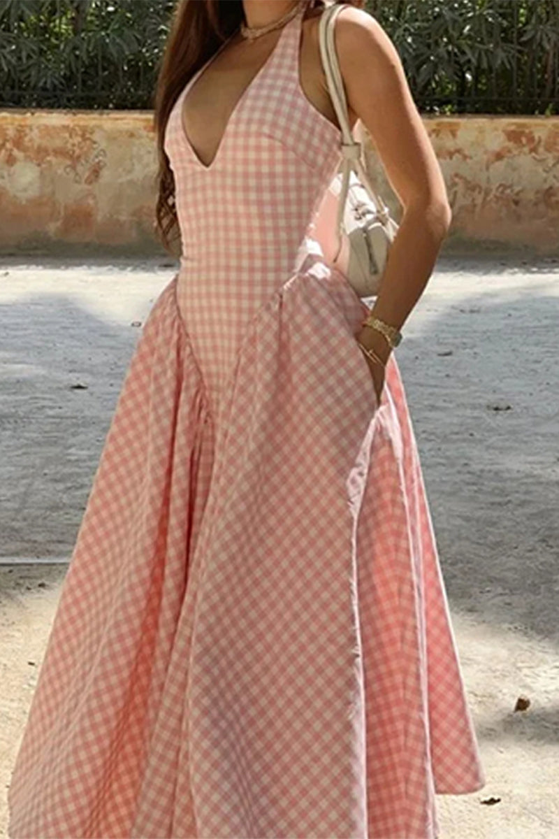 Francisca® | Sexy checked backless sleeveless dresses with halterneck and lacing