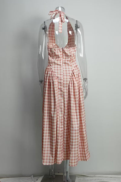 Francisca® | Sexy checked backless sleeveless dresses with halterneck and lacing