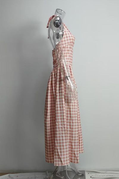 Francisca® | Sexy checked backless sleeveless dresses with halterneck and lacing