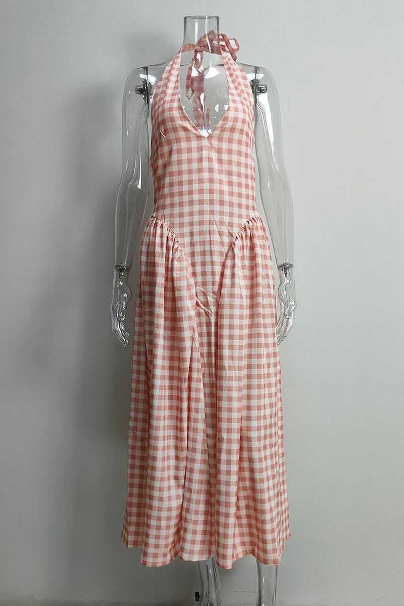 Francisca® | Sexy checked backless sleeveless dresses with halterneck and lacing