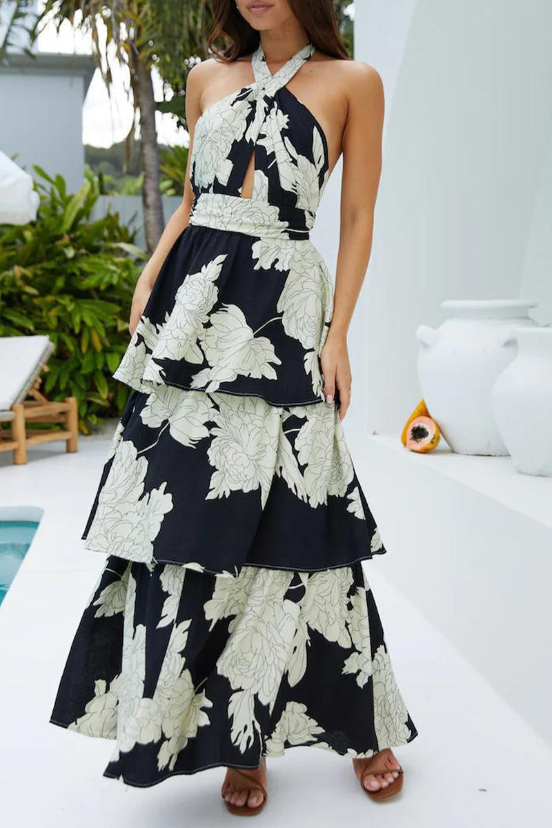 Eulalia® | Elegant floral printed backless halter cake skirt dresses with flounce and lace up