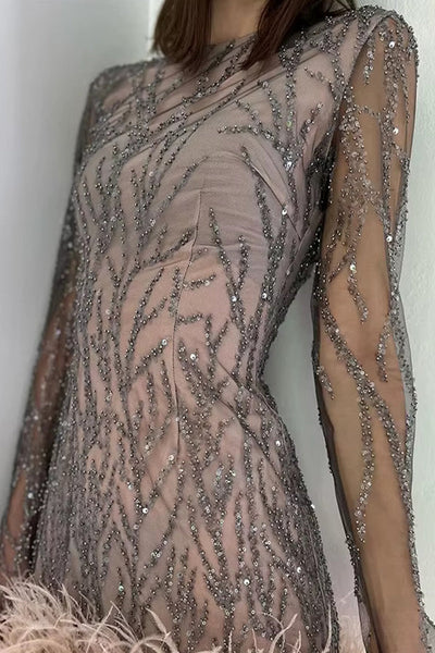 Elvira® | Elegant mini dresses with O-neck and tinsel feather hem in mesh fabric