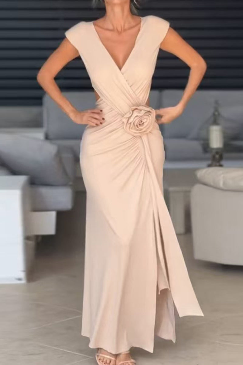 Dalia® | Sexy floral evening dresses with slit and ruffles and V-neck