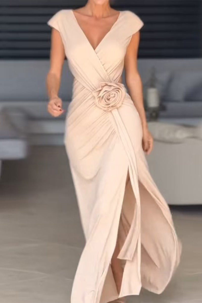 Dalia® | Sexy floral evening dresses with slit and ruffles and V-neck
